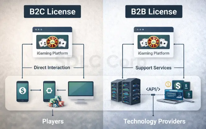 Comparison diagram of B2C and B2B iGaming licenses showing B2C platforms interacting directly with players and B2B licenses providing technology and support services to operators.