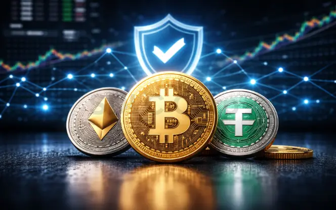 Cryptocurrency payments in iGaming, showing Bitcoin, Ethereum, and stablecoins with a security shield symbol, representing compliant crypto transactions for online gambling platforms.