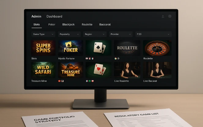 Visual of diverse online casino games including slots, poker, and live dealer games.