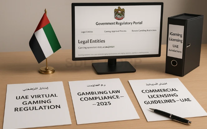 Legal scale illustration symbolizing gambling regulations in the UAE and emirate-level licensing.