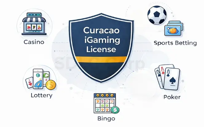 Curaçao iGaming license illustration showing authorized activities including online casino, sports betting, poker, bingo, and lottery games.