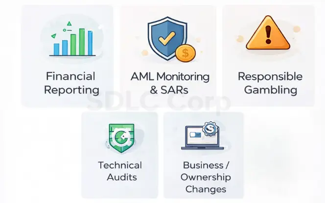 Compliance requirements for a Curaçao iGaming license, including financial reporting, AML monitoring and SARs, responsible gambling measures, technical audits, and business or ownership changes.