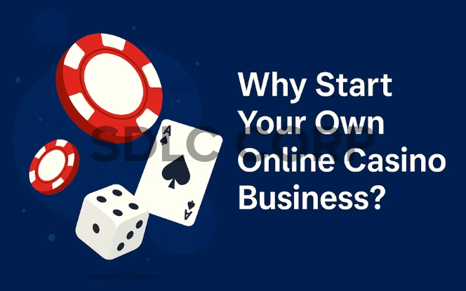 A bold, clean graphic showing red and white poker chips, a die, and an ace of spades card on a blue background, with the text “Why Start Your Own Online Casino Business?” displayed prominently.
