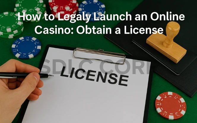 A realistic photo of a hand holding a pen near a clipboard with a document titled “LICENSE”, set on a wooden desk with a rubber stamp and black leather folder, illustrating the licensing process for launching an online casino.