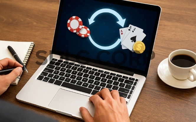 An illustrated man in an orange shirt looks thoughtfully at a large clock surrounded by poker chips and a playing card, set against a teal background with the title “How Long Does It Take to Launch an Online Casino?.