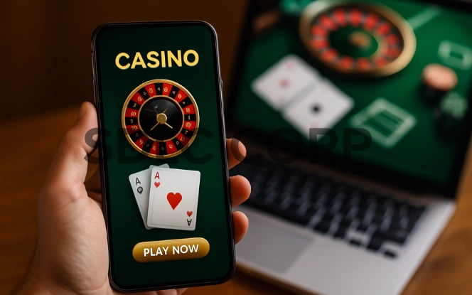 A realistic photograph showing a hand holding a smartphone with a casino-style app interface displaying a roulette wheel and playing cards. In the blurred background, a laptop screen also shows a virtual green casino table, enhancing the theme of developing a user-friendly casino website or application.