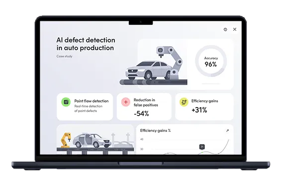 Clean UI dashboard representing AI defect detection in automotive manufacturing, with analytics cards showing detection accuracy, visual inspection, and reduced false positives