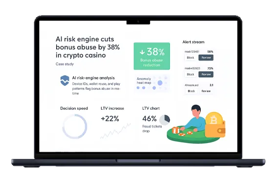 Mobile dashboard displays real-time bonus-abuse detection timeline, device and wallet risk cards, and impact metrics highlighting a 38 % abuse drop—solution by SDLC CORP