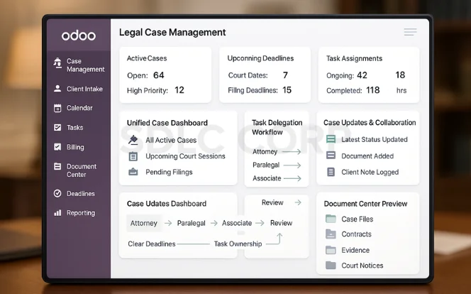 Odoo Legal Management System dashboard showing modules like Client Intake, Calendar, Billing, and Document Center