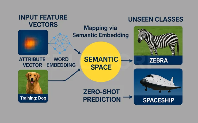 Diagram showing how input feature vectors like attribute and word embeddings are mapped into a semantic space for predicting unseen classes such as a zebra or spaceship.