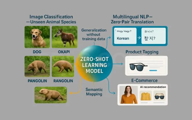 Infographic demonstrating Zero-Shot Learning insights in action—classifying unseen animal species, performing multilingual translation, and supporting product tagging and AI-driven e-commerce.