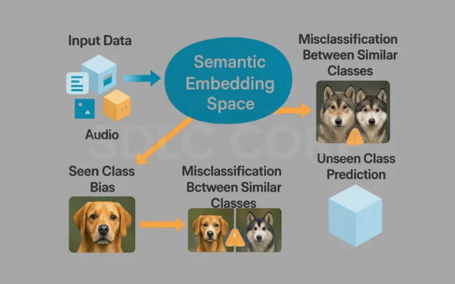 Graphic showing semantic embedding space with examples of seen-class bias and misclassification between similar classes like dog and wolf.