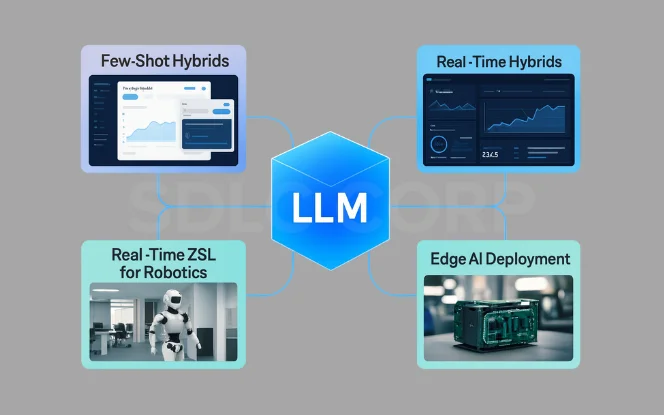 Diagram connecting LLMs with few-shot hybrids, real-time analytics, robotics, and edge-AI deployment to expand zero-shot learning capabilities.
