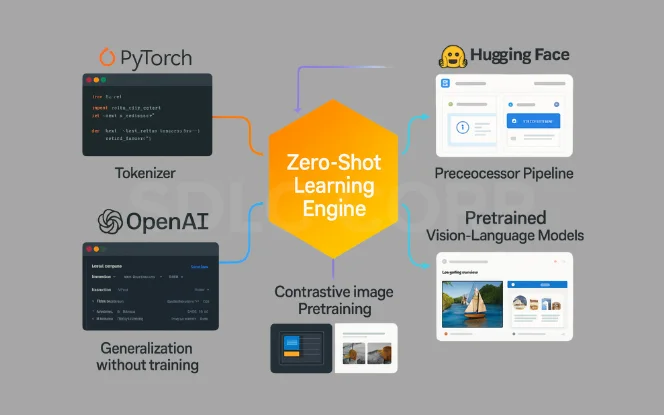 Infographic displaying Zero-Shot Learning insights using frameworks like PyTorch, OpenAI, and Hugging Face with pretrained vision-language models and contrastive image pretraining.