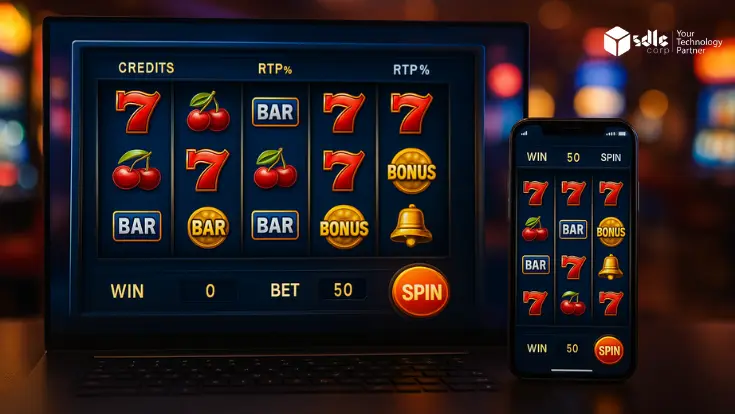 Realistic slot machine game interface displayed on desktop and mobile screens in a casino setting