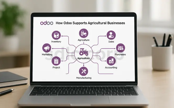 A laptop displaying an Odoo dashboard titled 'How Odoo Supports Agricultural Businesses,' showing interconnected modules such as inventory, sales, purchases, accounting, manufacturing, project, marketing, and agriculture in a clean, modern office setting.