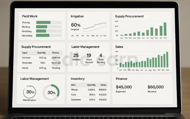 A professional farm management software dashboard displayed on a laptop screen, showing organized sections for field work, irrigation, supply procurement, machinery maintenance, labor management, sales, inventory, and finance with charts, graphs, and table.