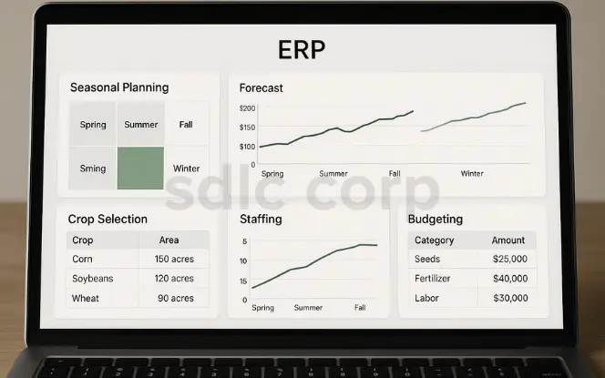A professional ERP dashboard for seasonal agricultural planning displayed on a laptop, featuring sections for seasonal planning, crop selection, fertilizer use, staffing, budgeting, and forecasts, with tables and line graphs organized for precision planning.