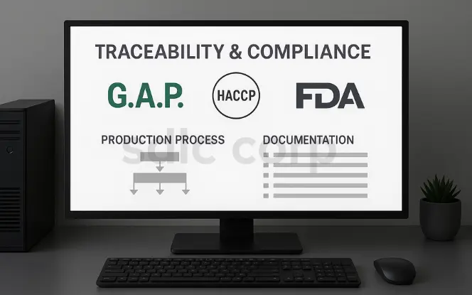 Horizontal view of a computer monitor displaying a traceability and compliance dashboard with G.A.P., HACCP, and FDA logos, along with production process and documentation icons, on a dark desk with a keyboard, mouse, and potted plant.