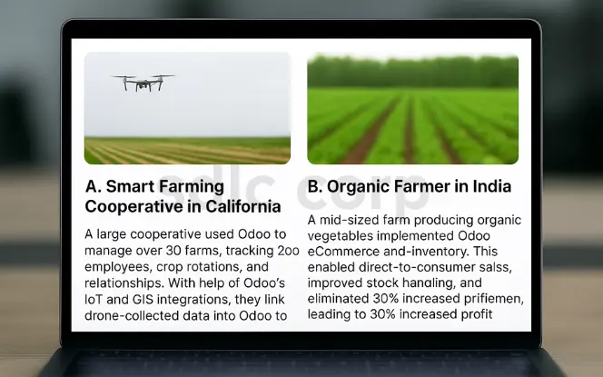 Laptop screen displaying a clean dashboard with two Odoo farming case studies: one about a California smart farming cooperative using drone data, and another about an Indian organic farmer improving profits through eCommerce and inventory management.