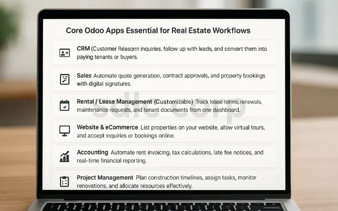 A realistic laptop screen displaying a professional dashboard titled “Core Odoo Apps Essential for Real Estate Workflows,” listing seven apps—CRM, Sales, Rental/Lease Management, Website & eCommerce, Accounting, Project Management, and Helpdesk—each with icons and short descriptions on a clean white background.