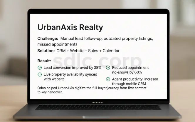 A realistic laptop screen displaying the UrbanAxis Realty case study, outlining challenges like manual lead follow-up and outdated property listings, the solution of integrating CRM, Website, Sales, and Calendar, and results including a 38% increase in lead conversion, 60% reduction in appointment no-shows, live property sync, and improved agent productivity via mobile CRM.
.