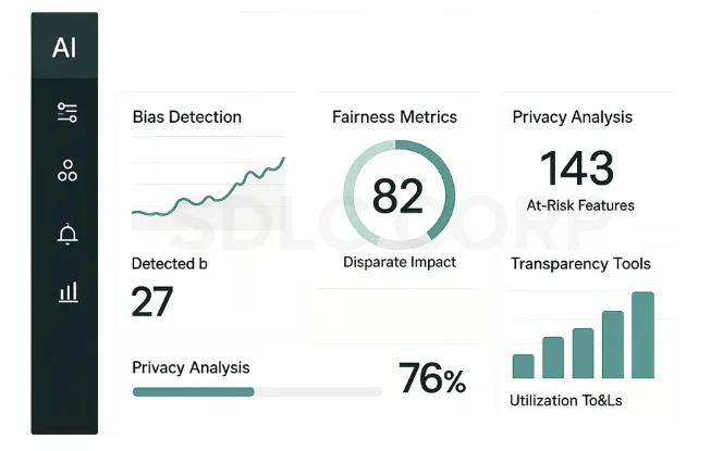 Dashboard showing AI ethical metrics including bias detection with 27 instances, fairness score of 82 based on disparate impact, privacy analysis at 76%, 143 at-risk features identified, and a bar chart representing the utilization of transparency tools.