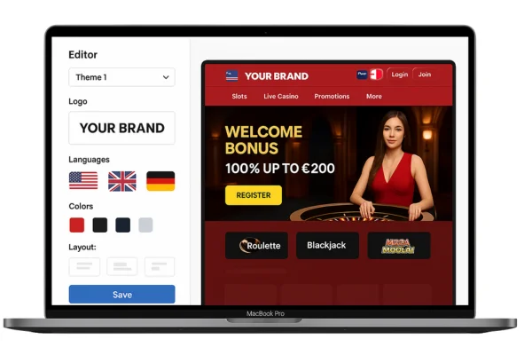 MacBook screen with editable casino front-end branding options