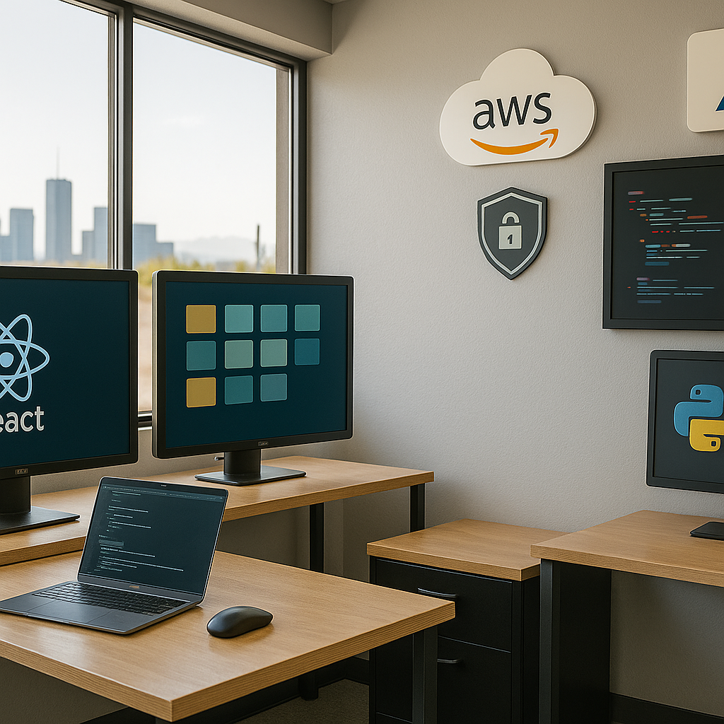 Multiple devices displaying responsive web development company services including website design, app development, and CMS integration on desktop, tablet, and mobile screens.