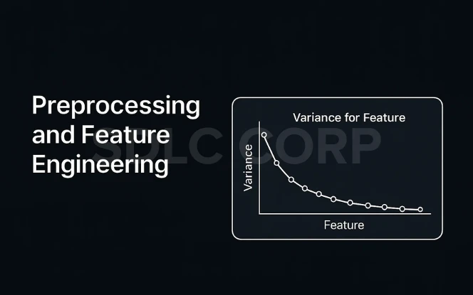 Graph illustrating variance reduction during preprocessing and feature engineering in unsupervised learning