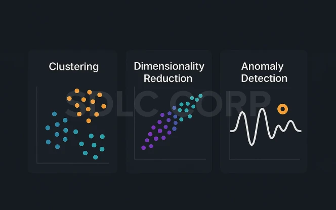 Types of unsupervised learning including clustering, dimensionality reduction, and anomaly detection illustrated graphically.