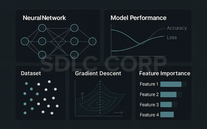 Core unsupervised learning components including neural network architecture, model performance metrics, gradient descent, dataset visualization, and feature importance.