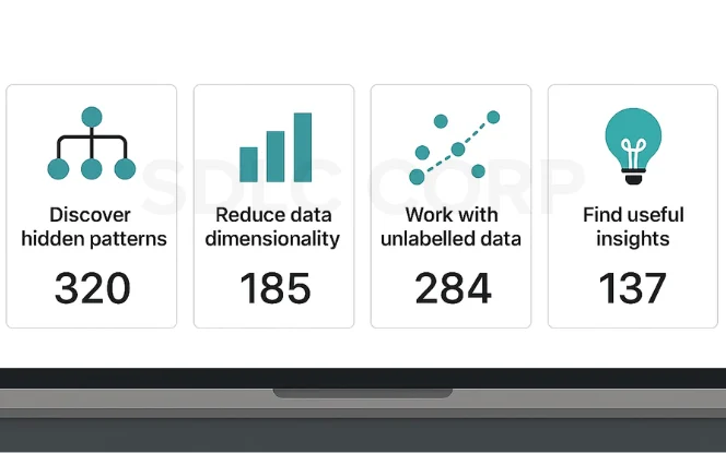 Key advantages of unsupervised learning including pattern discovery, data dimensionality reduction, working with unlabeled data, and insight generation.