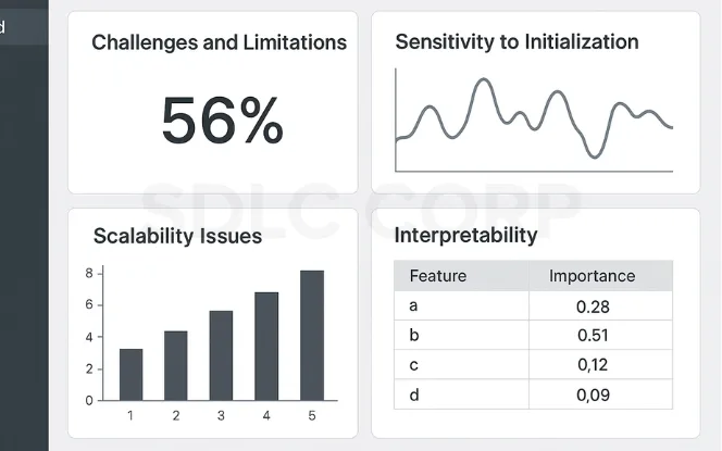 Challenges in unsupervised learning such as initialization sensitivity, scalability issues, interpretability concerns, and a 56% challenge metric.