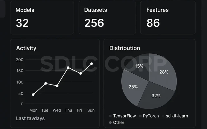 Unsupervised learning tools and libraries with activity metrics, model and dataset count, and distribution of TensorFlow, PyTorch, and scikit-learn usage.