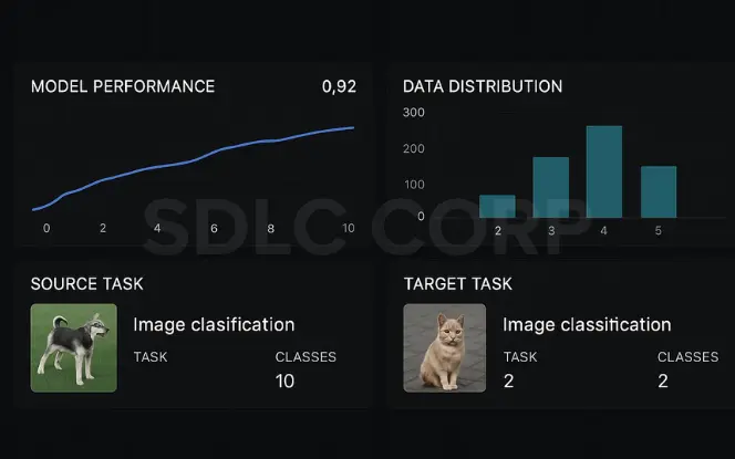 Transfer learning dashboard showing model performance, data distribution, and source vs target image classification tasks