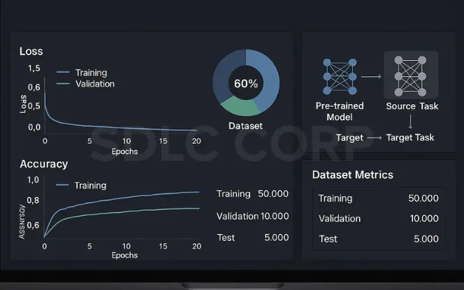 Advanced transfer learning dashboard showing training and validation loss and accuracy, dataset distribution, and pre-trained model flow diagram.