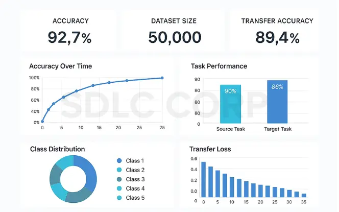 Transfer learning performance dashboard showing 92.7% accuracy, 89.4% transfer accuracy, task performance, class distribution, and loss over time