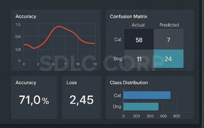 Transfer learning dashboard showing accuracy over time, task performance, class distribution, and transfer loss chart