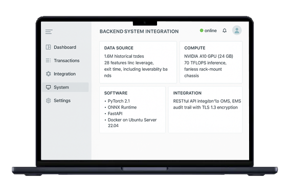Backend system panel with 1.6M trade data inputs, NVIDIA A10 GPU compute, PyTorch/ONNX/FastAPI software stack, and REST API integration secured with TLS 1.3.