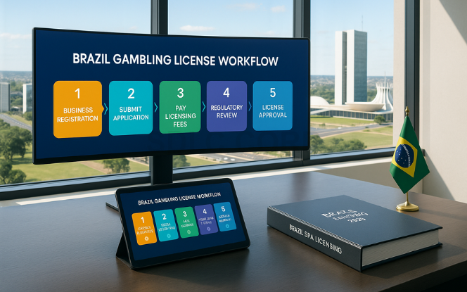 Flowchart of the step-by-step process for obtaining a gambling license in Brazil for online operators.