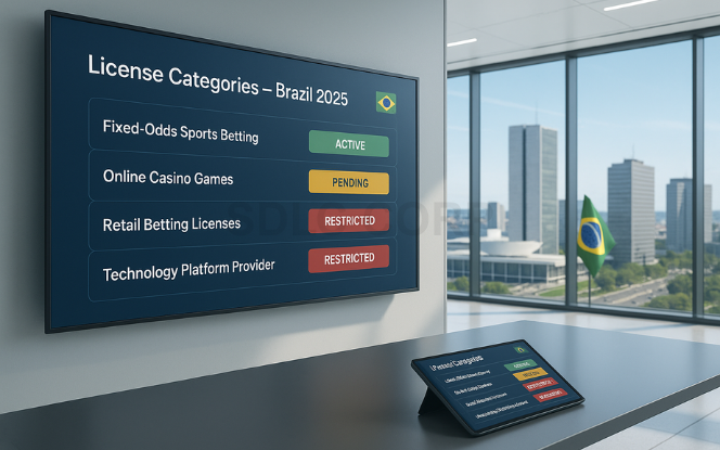 Infographic displaying different types of gambling licenses available in Brazil including sports betting, lottery, and online casino.