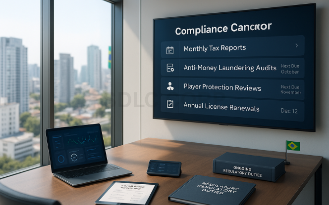 Checklist graphic detailing post-licensing obligations such as reporting, AML compliance, and responsible gaming in Brazil.