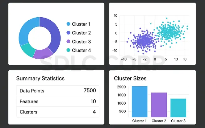 Dashboard with clustering results including donut chart, scatter plot, summary statistics, and cluster sizes.