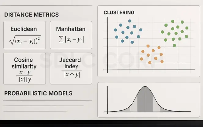 Slide showing distance metrics like Euclidean, Manhattan, Cosine similarity, and Jaccard index alongside clustering visualization and probabilistic model graph.