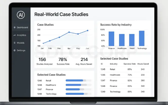Laptop screen displaying real-world case studies dashboard with success rates by industry, case study stats, and graphs.