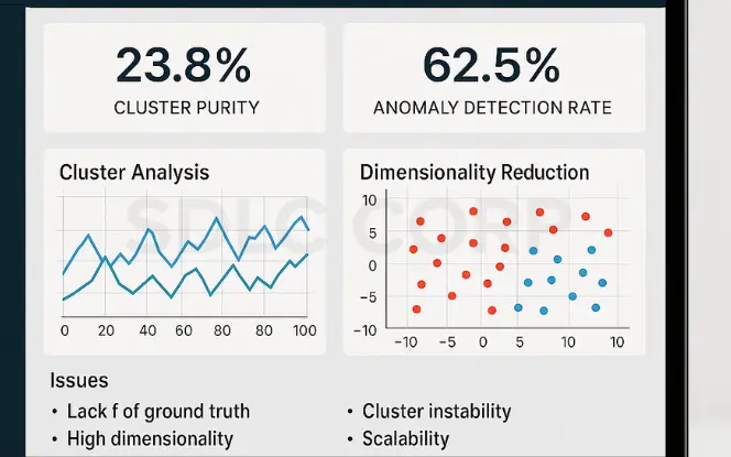 Dashboard showing cluster purity, anomaly detection rate, cluster analysis graph, and dimensionality reduction chart with listed challenges like lack of ground truth and scalability.
