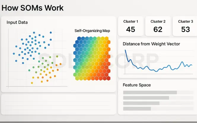 Visual explanation of self-organizing maps showing input data, SOM grid, cluster sizes, and distance from weight vector chart.