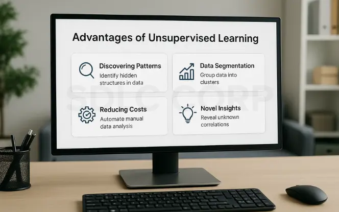 Monitor screen showing advantages of unsupervised learning including discovering patterns, data segmentation, reducing costs, and novel insights.