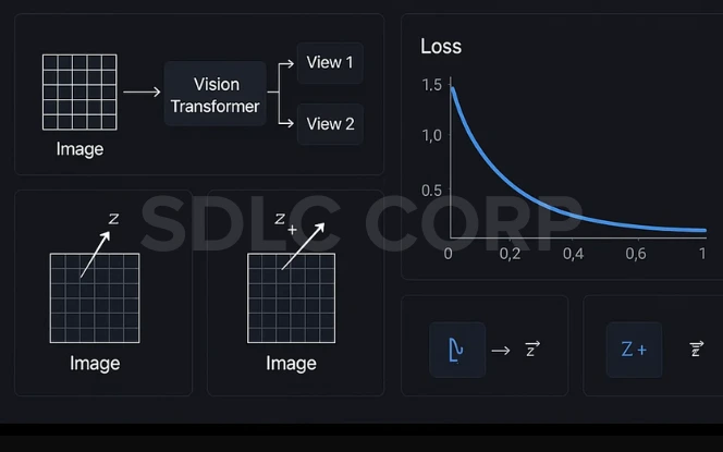 Visualization of contrastive learning using a Vision Transformer. Shows two image views passed through the transformer, visualized latent space (z and z+), and a loss curve decreasing over training iterations.
